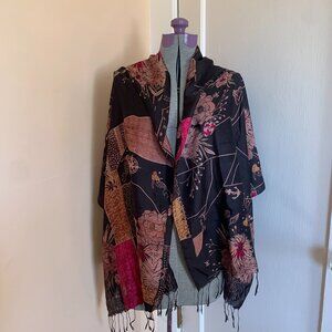 ASIAN EYE NWT 100% Silk Scarf Black Mix Print Floral City Mermaid Ocean 23x70"